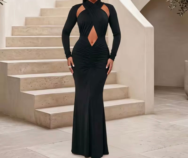 Women Sexy Halter Cut Out Full Sleeve Maxi Dress