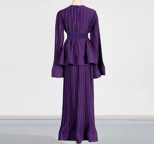 Women Purple Pleated Full Sleeve Two Piece Maxi Skirt Set