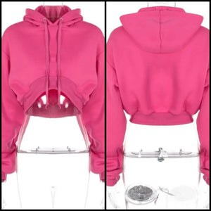 Women Pink Full Sleeve Hooded Crop Sweater Top