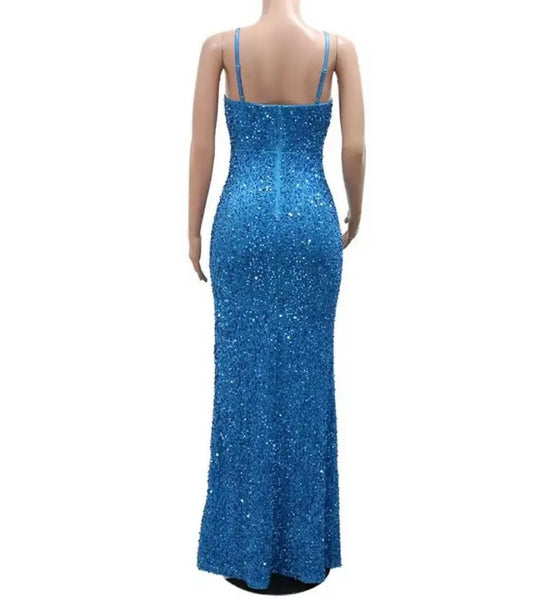 Women Sleeveless Sexy Sequins Rhinestone Patchwork Maxi Dress