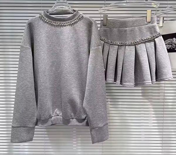 Women Rhinestone Bow Open Back Sweater Two Piece Skirt Set