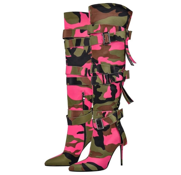 Women Fashion Camouflage Buckled Knee High Boots