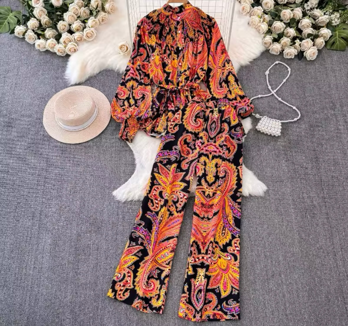 Women Fashion Printed Full Sleeve Two Piece Pant Set