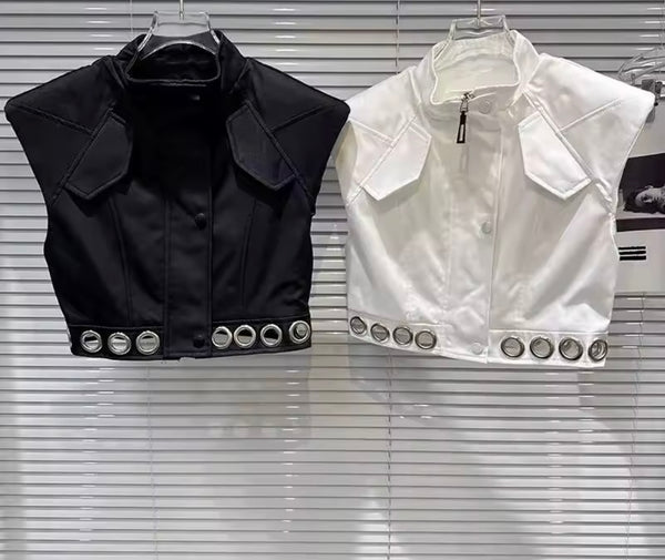 Women Fashion Zipper Button Up Metal Ring Vest Jacket