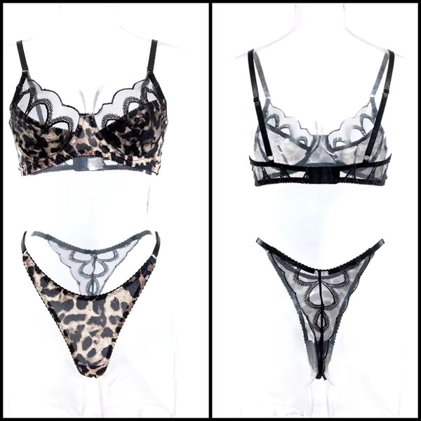 Women Sexy Leopard Print Mesh Thong Lingerie Set