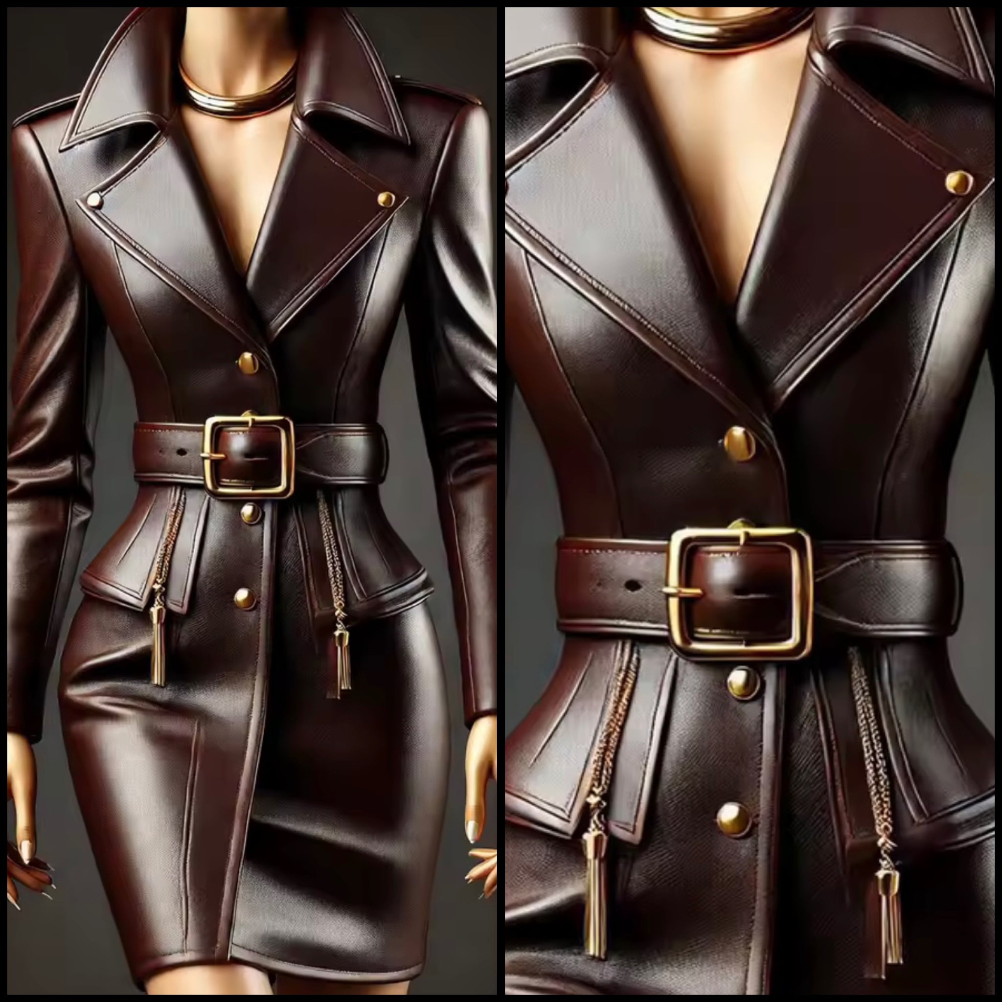 Women Brown Zipper Belted Faux Leather Fashion Dress