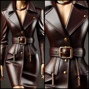 Women Brown Zipper Belted Faux Leather Fashion Dress