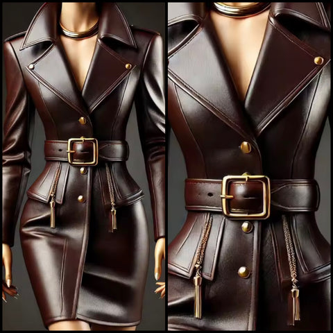 Women Brown Zipper Belted Faux Leather Fashion Dress