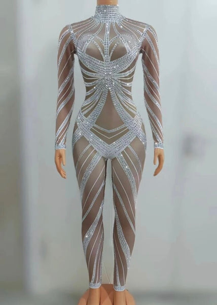 Women Sexy Bling Rhinestone Mesh Full Sleeve Jumpsuit