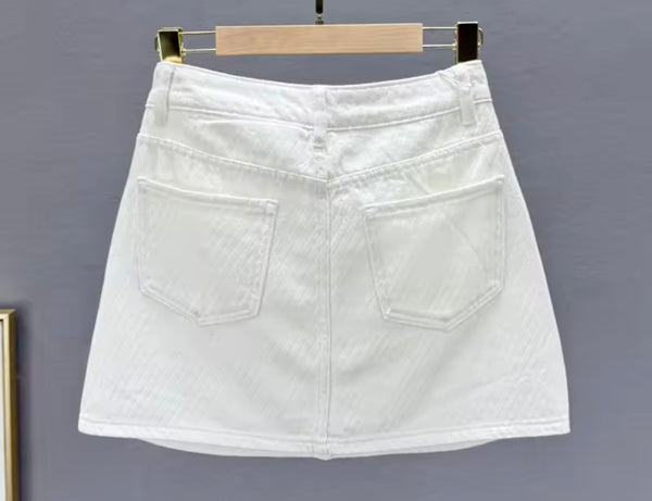 Women White Bling Rhinestone Fashion Denim Skirt