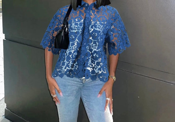 Women Sexy Fashion Blue Lace Short Sleeve Button Up Top