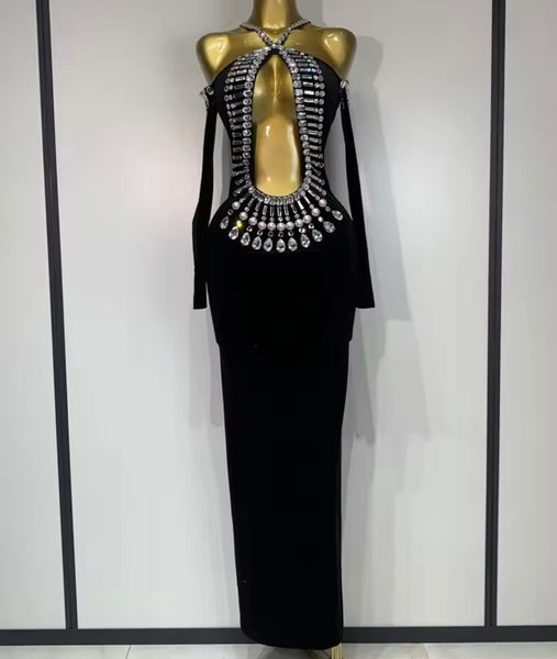 Women Sexy Black Bling Crystal Halter Full Sleeve Maxi Dress