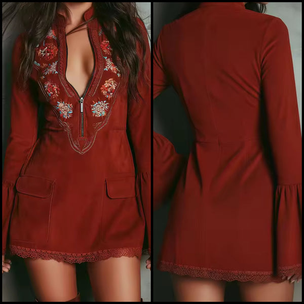Women Suede Floral Zip Up Full Sleeve Fashion Dress