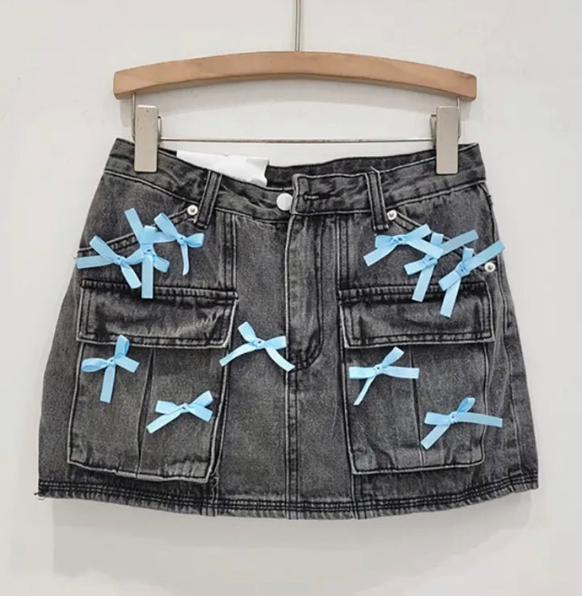 Women Sexy Fashion Color Bow Denim Skirt