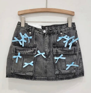 Women Sexy Fashion Color Bow Denim Skirt