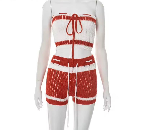Women Sexy Tie Up Strapless Color Patchwork Knitted Two Piece Short Set
