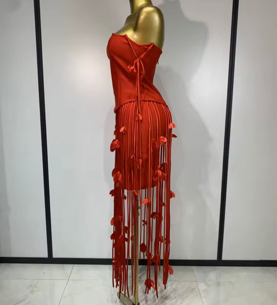 Women Sexy Strapless Floral Fringe Tassel Dress