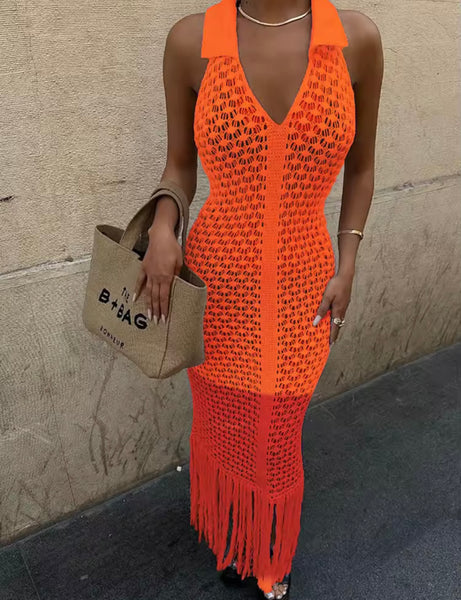 Women Sexy Halter Sleeveless Knitted Tassel Maxi Dress