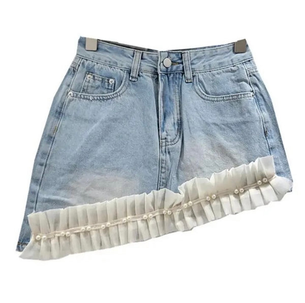 Women Fashion Ruffled Pearl Asymmetrical Denim Skirt