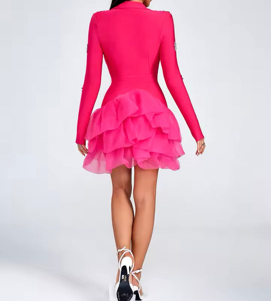 Women Sexy Pink Ruffled Bling Full Sleeve Dress