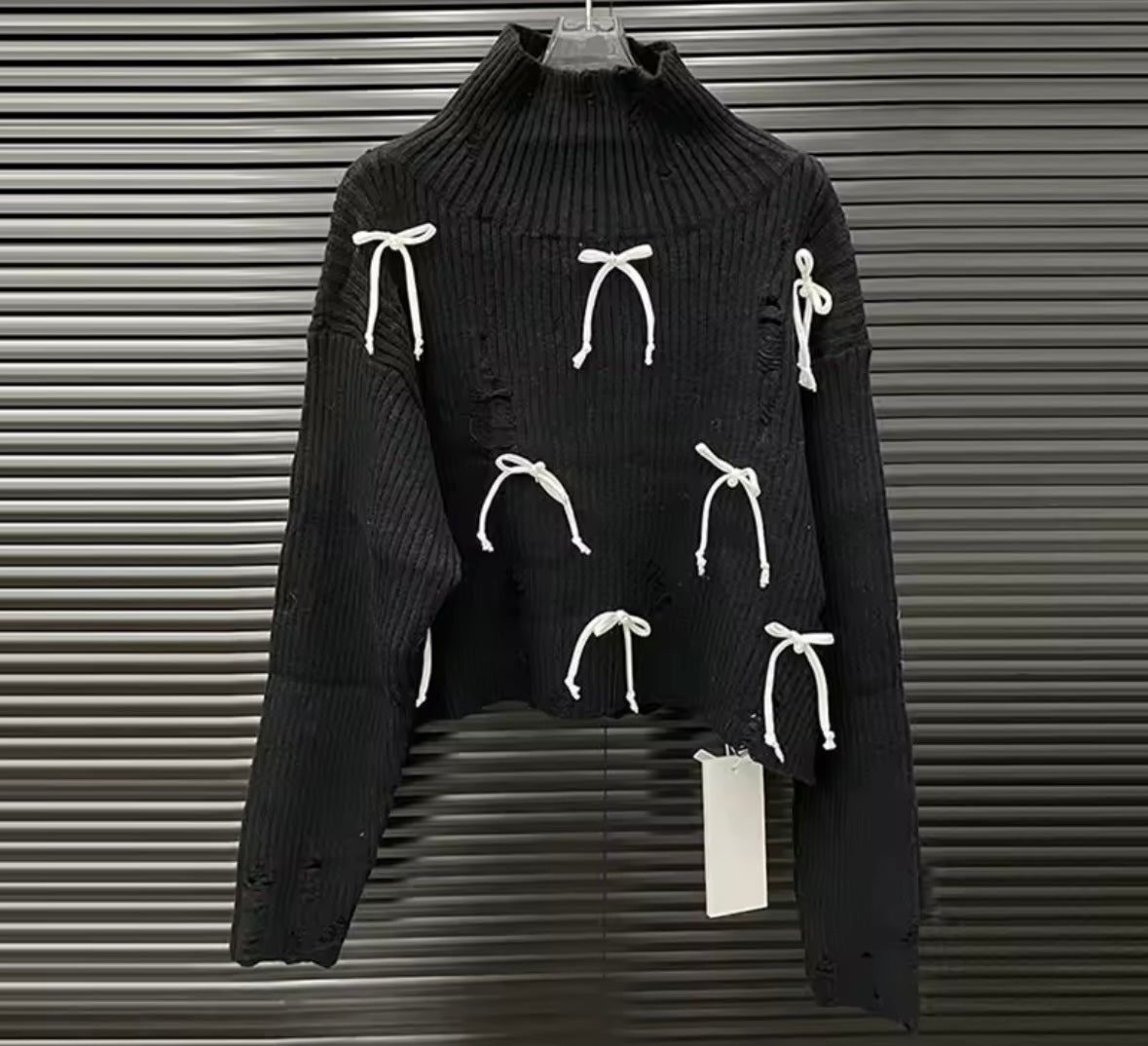 Women Fashion Ripped Turtleneck Bow Patchwork Sweater Top