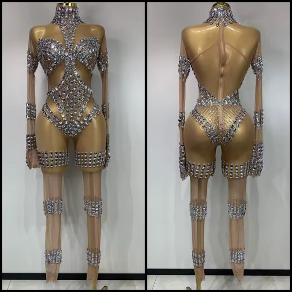 Women Sexy Fashion Rhinestone Mesh Full Sleeve Jumpsuit