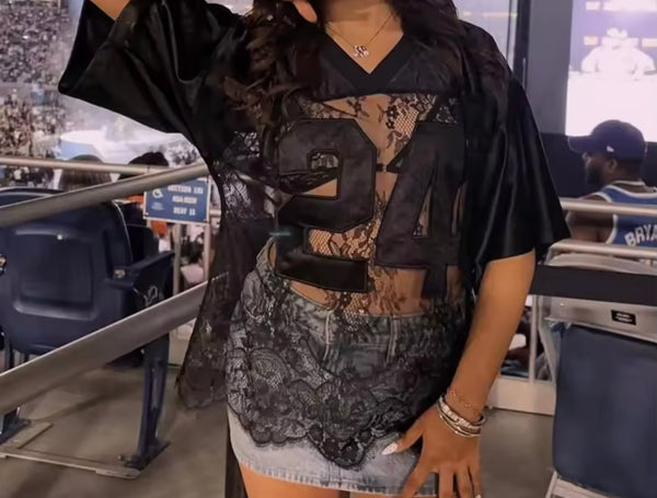 Women Fashion Number Lace Short Sleeve Jersey Top