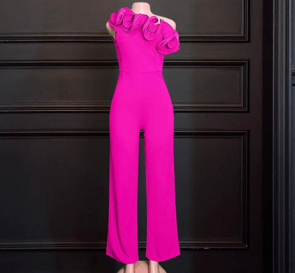 Women Sexy Pink Ruffled One Shoulder Jumpsuit