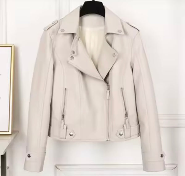 Women Color Zip Up Fashion Faux Leather Jacket