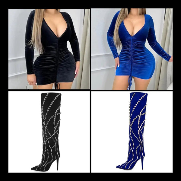 Women Sexy V-Neck Drawstring Full Sleeve Velour Dress