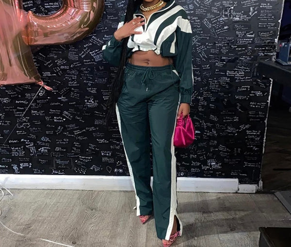 Women Fashion Striped Zip Up Tracksuit Two Piece Pant Set