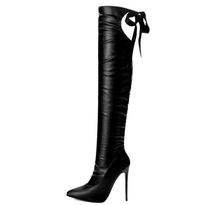 Women Fashion Black Pointed Toe Cut Out Tie Up Knee High Boots