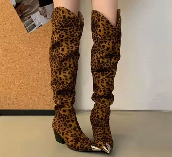 Women Metal Pointed Toe Suede Fashion Knee High Western Boots