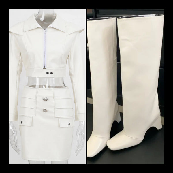 Women Fashion Square Toe Faux Leather Knee High Boots