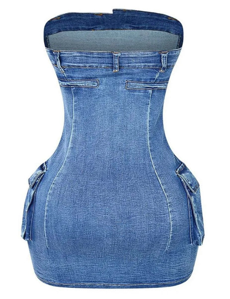 Women Sexy Strapless Cargo Denim Tube Dress