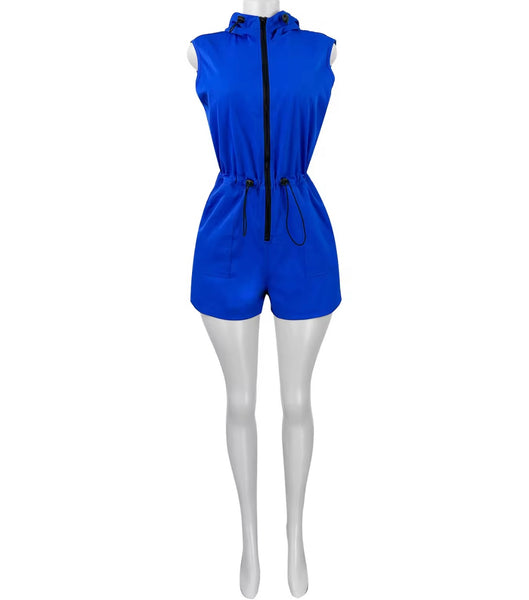 Women Zip Up Sleeveless Hooded Fashion Color Romper