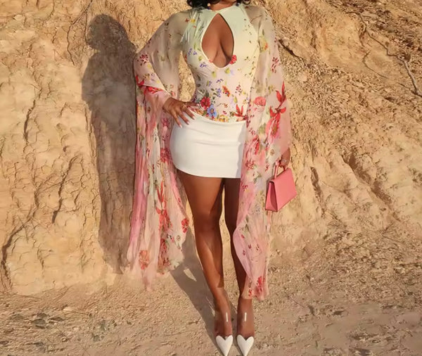 Women Sexy Fashion Floral Print Cut Out Batwing Bodysuit Top
