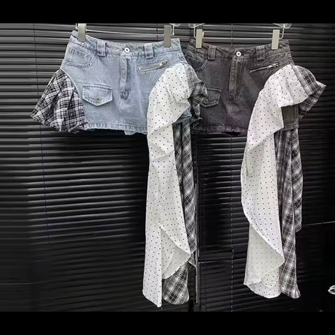 Women Fashion Polka Dot Plaid Denim Skirt