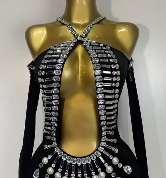 Women Sexy Black Bling Crystal Halter Full Sleeve Maxi Dress