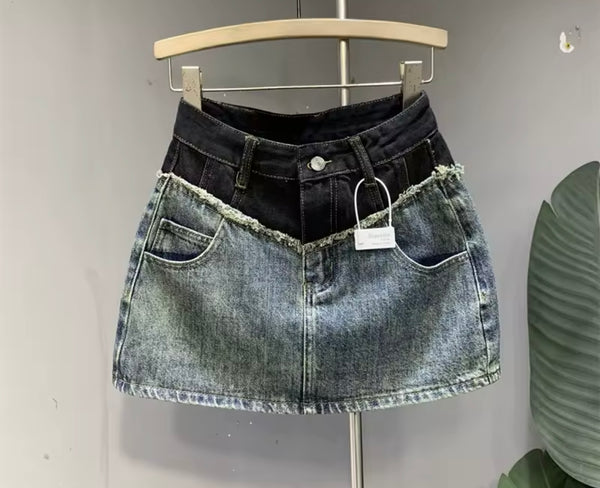 Women Color Patchwork Fashion Denim Skirt