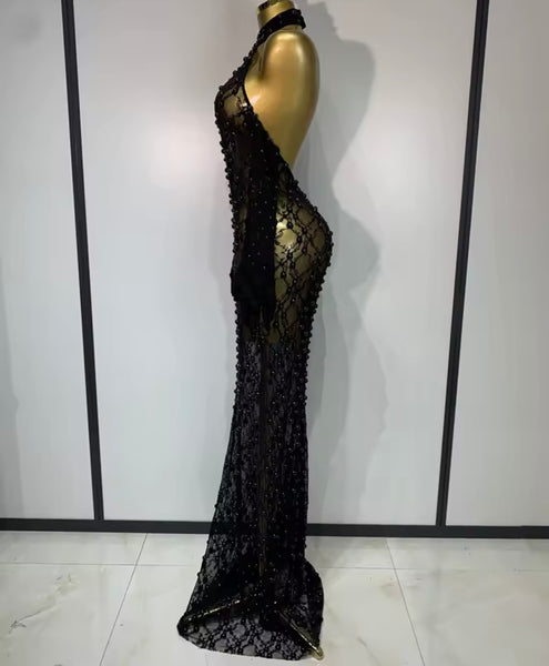 Women Black Sexy Beaded Halter Open Back Maxi Dress