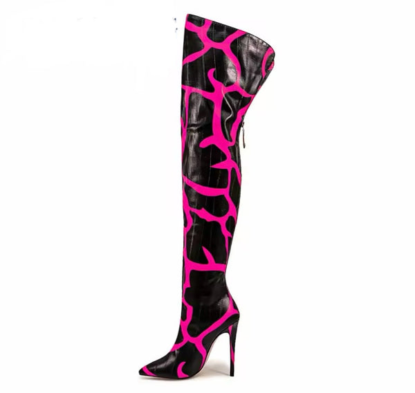 Women Color Patchwork Faux Leather Over The Knee Boots