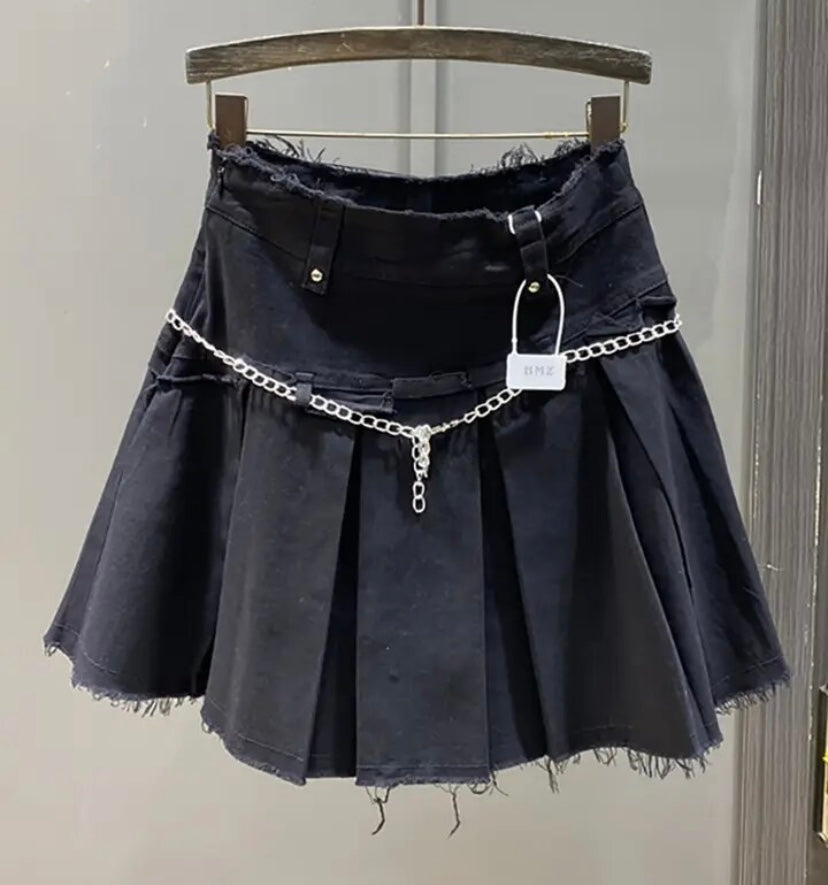 Women Solid Color Fashion Pleated Denim Skirt