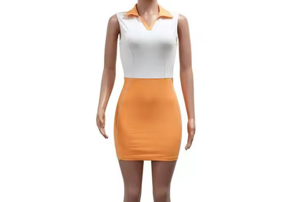 Women Sexy Collar Sleeveless Color Patchwork Dress