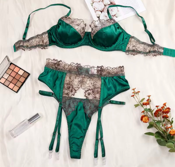 Women Green Satin Floral Sexy Lingerie Set