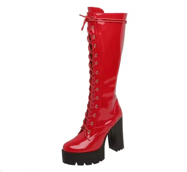 Women Fashion Patent Leather Lace Up Platform High Heel Boots