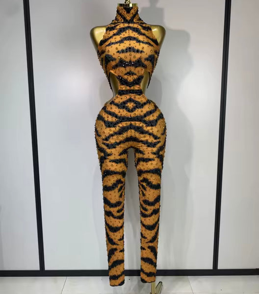 Women Sexy Orange Printed Rhinestone Sleeveless Jumpsuit