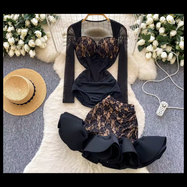 Women Sexy Lace Mesh Full Sleeve Ruffled Two Piece Skirt Set