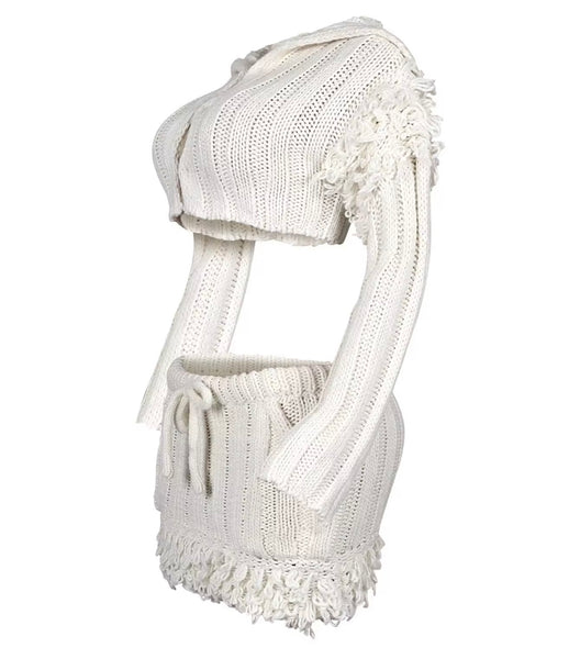 Women Sexy Knitted Fringe Full Sleeve Two Piece Skirt Set