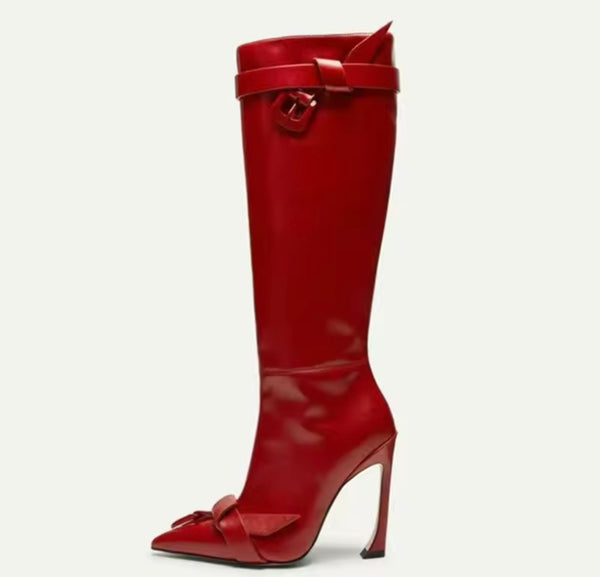 Women Buckled Pointed Toe Faux Leather Knee High Boots